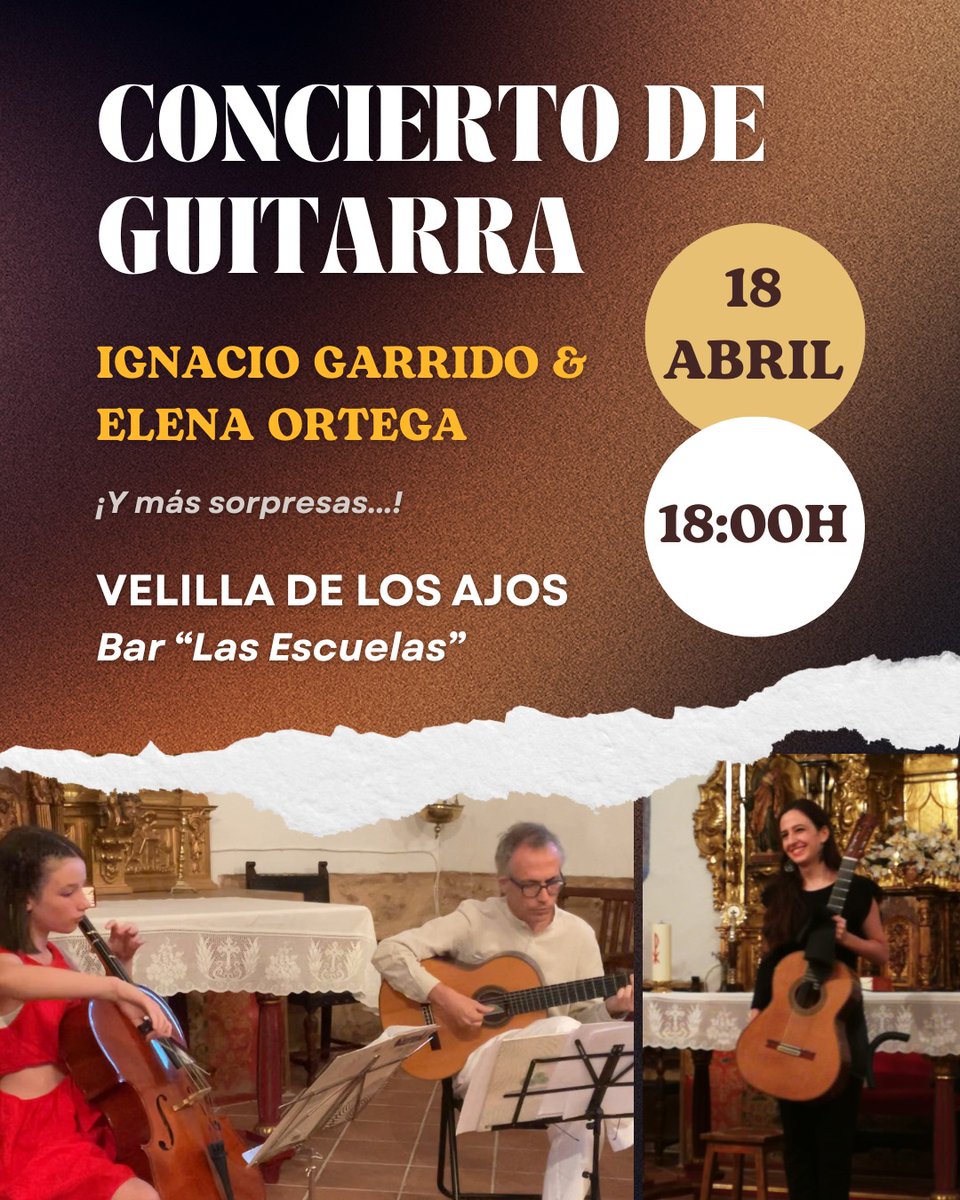 🚨🚨🔊🔊¡Mañana concierto en Velilla de los ajos!🔊🔊🚨🚨
Esperamos que vengais a disfrutar de la  guitarra 🎸  de mano de Ignacio Garrido y Elena Ortega y muchas sorpresas más 😉
#Concierto #GuitarraClasica .<a href="/velilladlosajos/">𝙑𝙚𝙡𝙞𝙡𝙡𝙖 𝙙𝙚 𝙡𝙤𝙨 𝙖𝙟𝙤𝙨🌾</a> #Soria