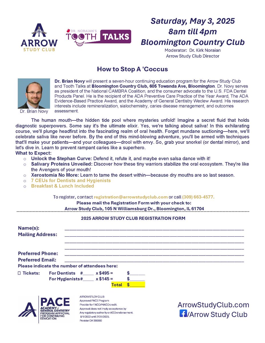 docperio's tweet photo. 🦷 Calling all Dentists &amp;amp; Hygienists! See Dr. Brian Novy's "How to Stop A 'Coccus" all day program on May 3, 2025 at Bloomington Country Club. Register now to stay at registration@arrowstudyclub.com! #ArrowStudyClub #PerioImplantInnovations #ToothTalks #DrBrianNovy🦷 https://t.co/V3wvrY6T6A