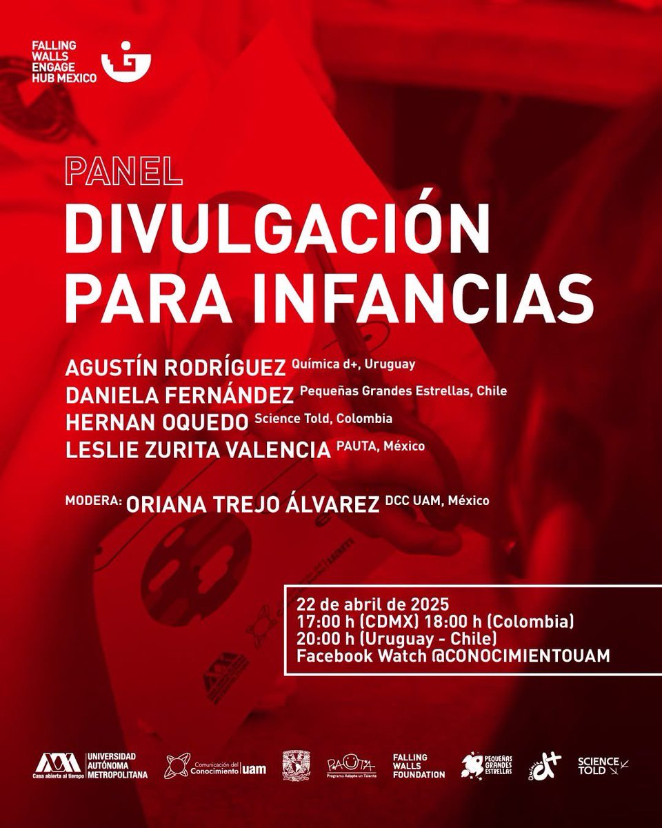 🌟🧠 Acompáñanos en el panel ‘Divulgación para Infancias’, experiencias en LA que están transformando la relación de las infancias con el conocimiento
22 abr. 2025
🕔 17:00 h 🇲🇽 18:00 h 🇨🇴 20:00 h 🇺🇾🇨🇱
🖥 fb.com/ConocimientoUAM
#UAM #ConocimientoUAM #FallingWalls <a href="/PAUTAAC/">PAUTA</a>
