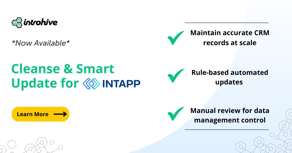 Introhive's tweet image. Exciting news for Intapp users – Cleanse and Smart Update are now supported! Automate CRM data updates, reduce manual effort, and ensure reliable contact data. Learn More: introhive.com/data-automatio… #CRM #DataManagement #Intapp