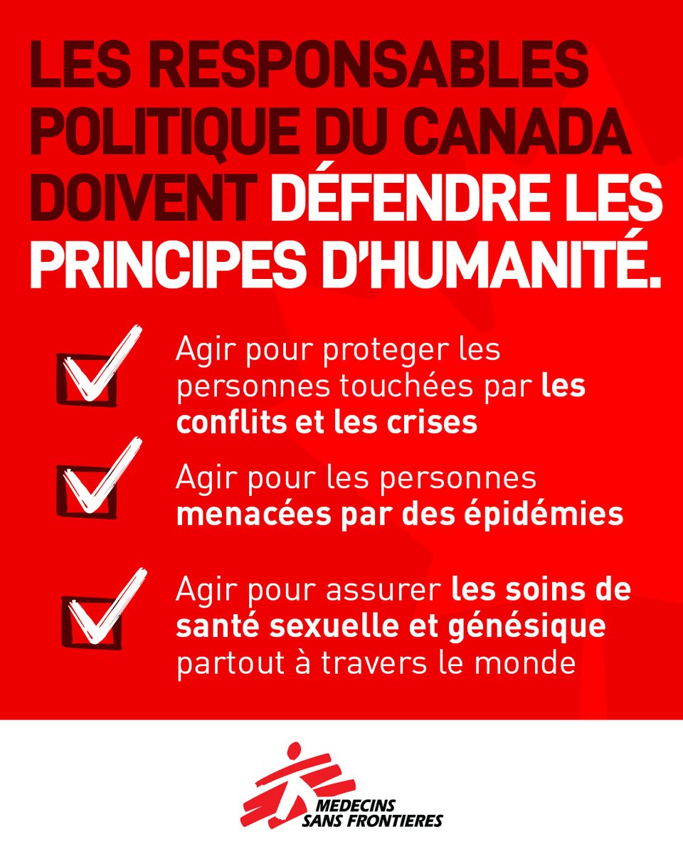 Les responsables politiques du Canada doivent défendre les principes d'humanité. Êtes-vous d'accord? Si oui, partagez ceci pour leur faire savoir. 🇨🇦

Lisez notre déclaration complète ici : medecinssansfrontieres.ca/msf-demande-au…
