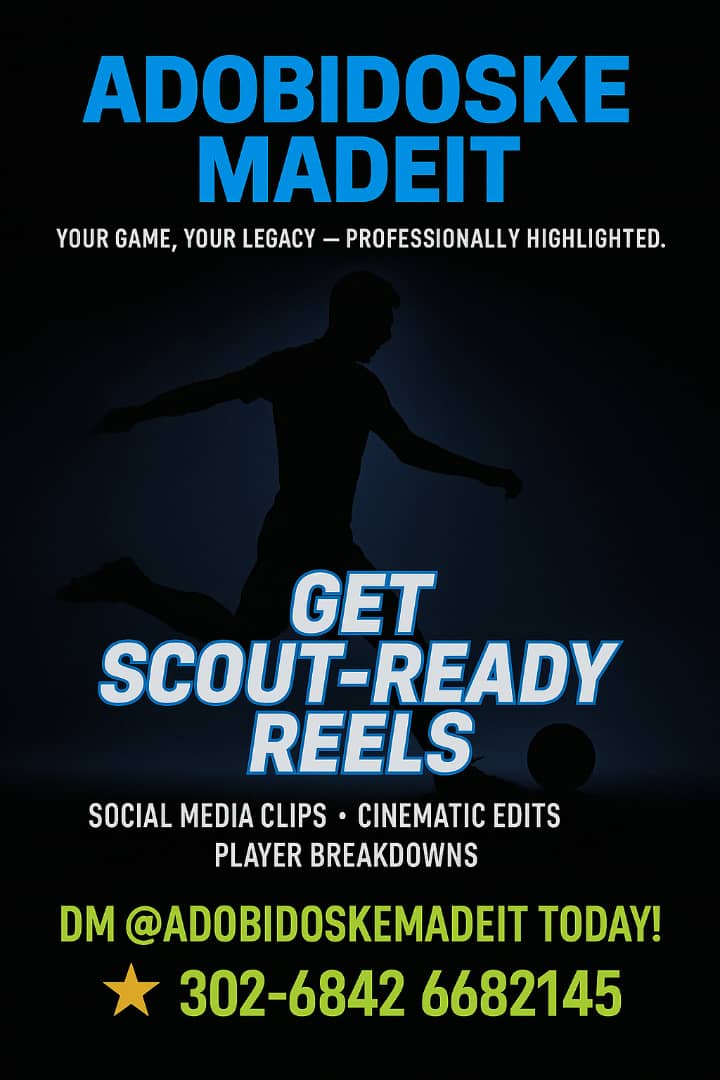 adobidoske's tweet photo. Get spotted! Let your skills, ambition and determination sell you. For all your football teams and player's highlights, get in touch and receive the best.

#FootballHighlights https://t.co/0iv4vbOAsu