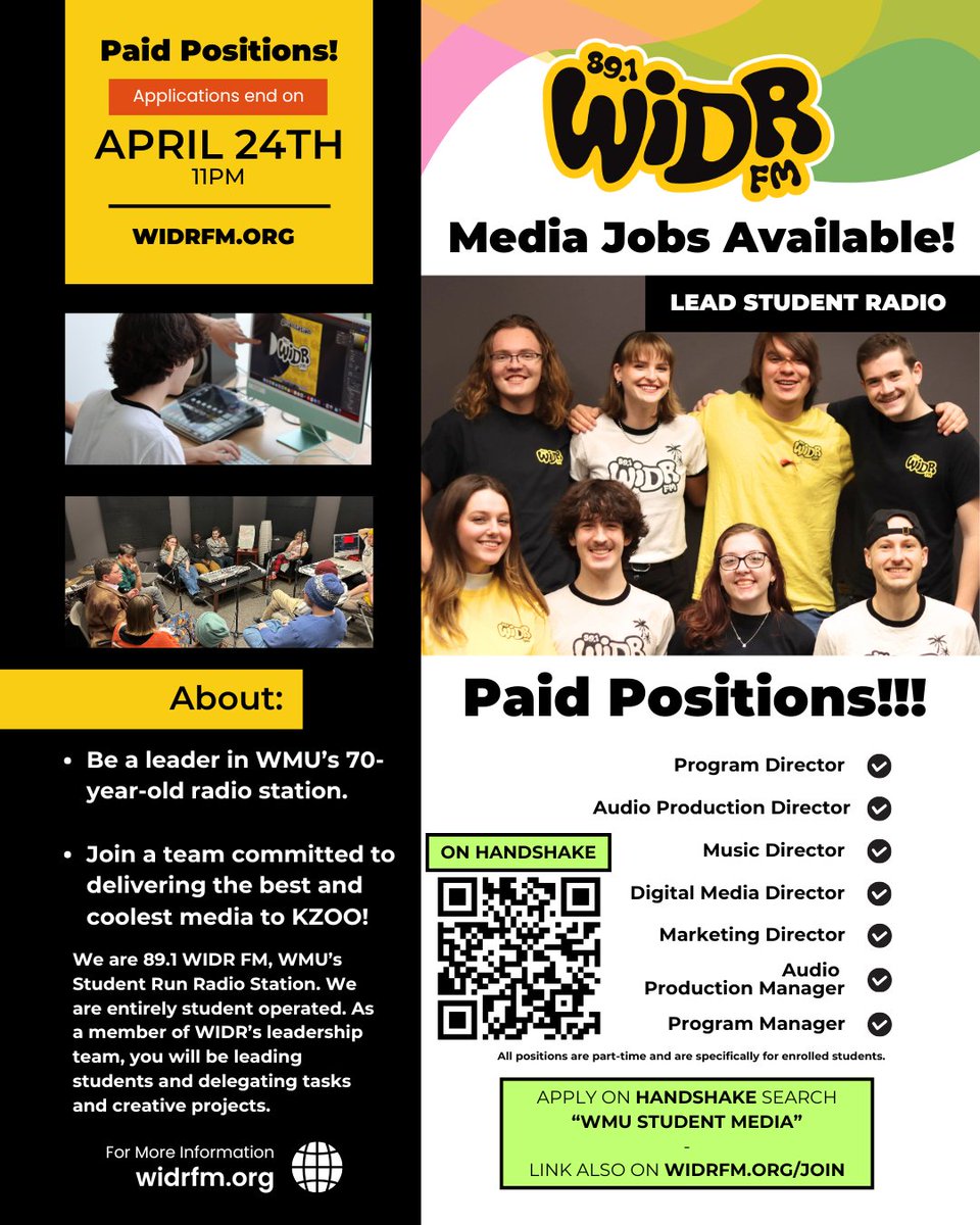 There is one week left to apply for a WIDR paid position! Check out WIDR on Handshake before April 24th for more details on each position.  💼📻