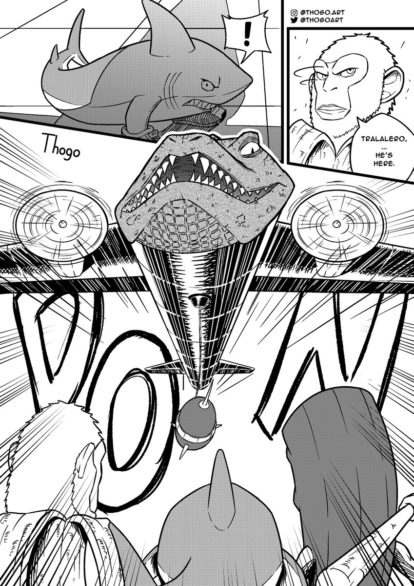 thogobrogo's tweet photo. I turned the Tralalero Tralala meme into manga, along with all the other italian brainrot animals (well, some of them). 

🦈👟  Tralalero Tralala VS Bombardino Crocodilo!! 🐊✈️  

You're welcome, Internet. https://t.co/K5Gw0VRny7