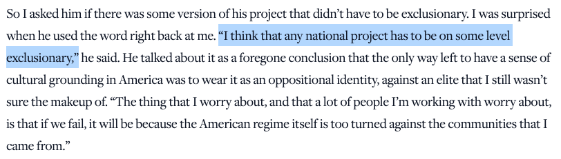 Vance is pretty consistent on this, rejecting America as an "idea" in favor of a very European concept of in-group blood-and-soil nationalism. Ironically, a lot of it stems from his rejection by elites in Cincinnati who've been there far longer than he theamericanconservative.com/going-back-to-…