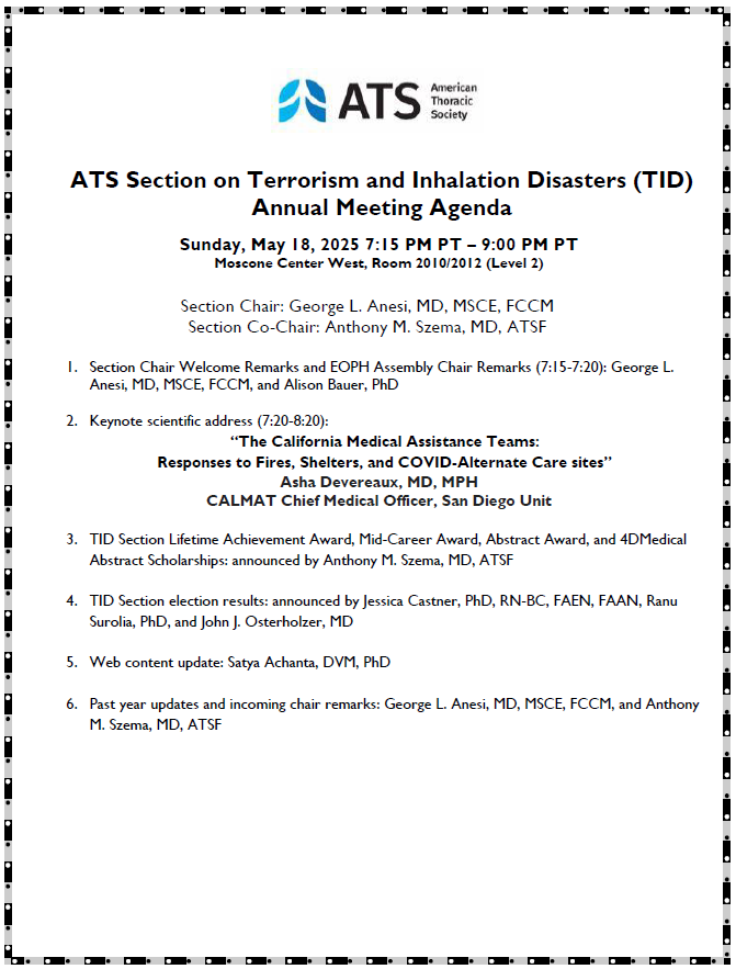ATS Section on Terrorism and Inhalation Disasters (@atstidsection) on Twitter photo <a href="/ATSTIDSection/">ATS Section on Terrorism and Inhalation Disasters</a> Annual Meeting Agenda is out now!
Keynote scientific address will be delivered by Dr. Asha Devereux, MD, MPH on "The California Medical Assistance Teams: Responses to Fires, Shelters, and COVID-Alternate Care sites"
Save the date! <a href="/ATS_EOPH/">ATS EOPH</a> <a href="/ATS_Assemblies/">ATS_Assemblies</a> <a href="/ATSTIDSection/">ATS Section on Terrorism and Inhalation Disasters</a> Annual Meeting Agenda is out now!
Keynote scientific address will be delivered by Dr. Asha Devereux, MD, MPH on "The California Medical Assistance Teams: Responses to Fires, Shelters, and COVID-Alternate Care sites"
Save the date! <a href="/ATS_EOPH/">ATS EOPH</a> <a href="/ATS_Assemblies/">ATS_Assemblies</a>