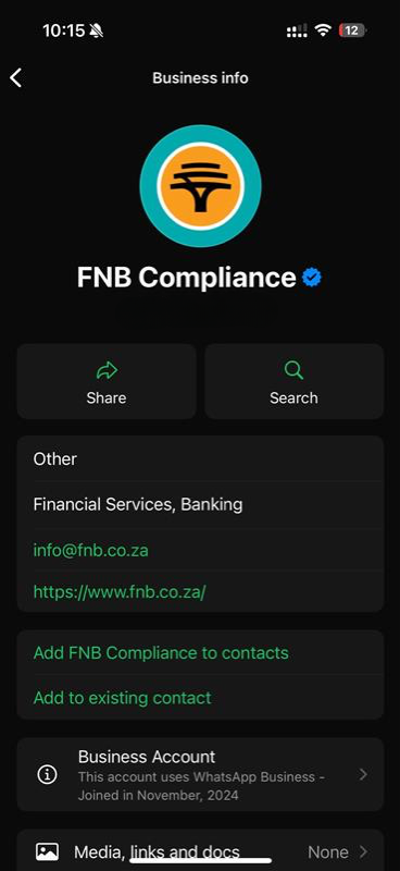 FNBSA's tweet photo. 🚨WHATSAPP SCAM ALERT🚨
Fraudsters are calling customers pretending to be FNB staff to help resolve fake fraudulent transactions. They then ask to further chat on WhatsApp with a fake FNB account.
 
✅Only engage with blue-ticked FNB accounts and report fraud ASAP on 087 575 9444 https://t.co/kTC9ORx5XX