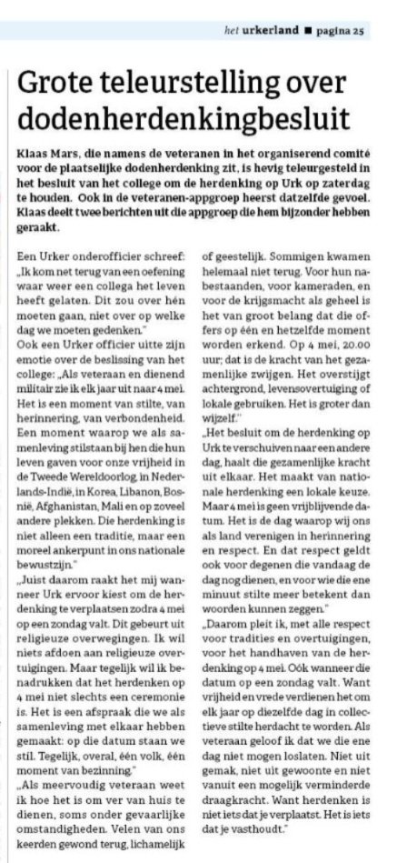 4 mei = 4 mei. Als veteraan en actief dienend militair zeer teleurgesteld dat college BW van de Gemeente Urk dit toch anders ziet. <a href="/BartFaijer/">Bart Jaspers Faijer</a>