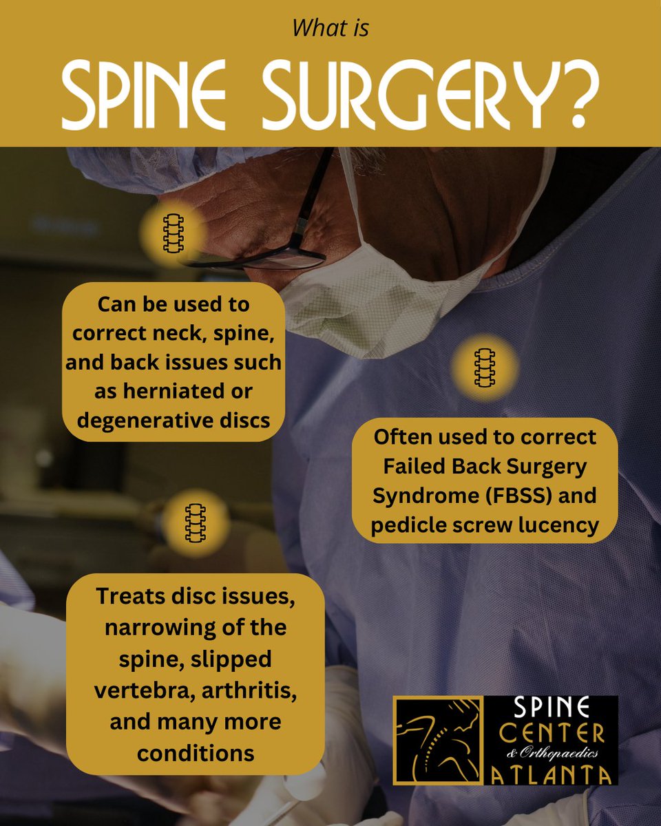 🥼 What is Spine Surgery?

At Spine Center &amp; Orthopaedics Atlanta, we specialize in spine health! When conservative care doesn’t relieve pain, spine surgery may be recommended. Our board-certified surgeons are experienced in various procedures to treat the neck, back, and spine.