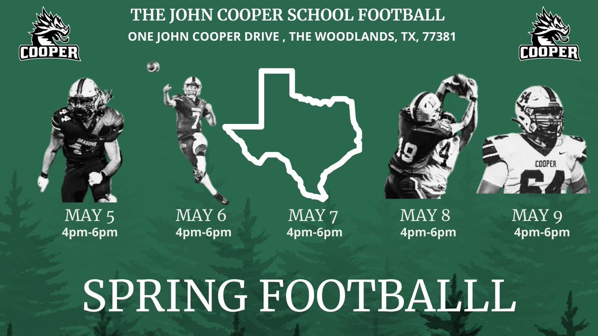 📣 College Coaches: The John Cooper School Football Spring Ball is here! 🏈 We’d love to have you on campus — come check out our squad!
 📍Spring Practice Dates: May 5-9 4pm-6pm 
 📍Address: One John Cooper Drive, The Woodlands, 
 👉Coaches Social on May 7th at Del Frisco’s Grill