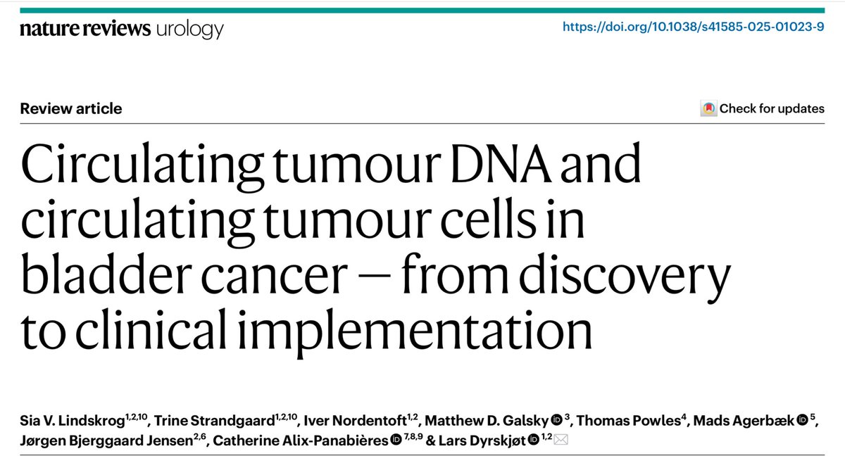 LDyrskjot's tweet photo. Our review “ Circulating tumour DNA and circulating tumour cells in bladder cancer — from discovery to clinical implementation” is now out in @NatRevUrol 

A tour de force by @SiaLindskrog  and Trine Strandgaard  - kudos 🏆and thanks to all co authors for your contributions 🙏  Catherine Alix-Panabières, @MattGalsky , @tompowles1 Mads Agerbæk, Jørgen Bjerggaard Jensen, Iver Nordentoft.

You can access the full text here: https://t.co/nIHCqiOjSF

In the review, we discuss:
*The biology and detection of ctDNA and CTCs in bladder cancer
* How liquid biopsy enables: 
Early detection of recurrence
Monitoring of treatment response
Detection of minimal residual disease (MRD)
* Personalized adjuvant treatment guidance
* The pros and cons of tumour-informed vs. tumour-agnostic strategies
* Insights from pivotal clinical trials (TOMBOLA, IMvigor011, MODERN) and their potential impact
* The road to clinical implementation: technical, logistical, and regulatory considerations
* The combined value of ctDNA, utDNA, and CTCs in reshaping the bladder cancer care pathway

Why it matters:
Liquid biopsy is moving from promise to practice — with real potential to personalize and improve bladder cancer treatment.

https://t.co/2dLXL5dq8D