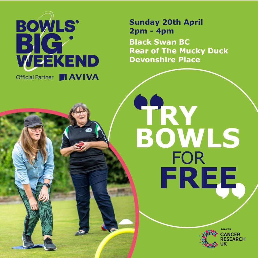 BlackSwanBC's tweet photo. Try bowls for free Easter Sunday at Black Swan BC, rear of The Mucky Duck, Harrogate.

Equipment &amp; tuition provided, you just need flat soled footwear.

Email blackswanbowlingclub@gmail.com to book a place.

All welcome, gentle non contact sport - why not give it a go this Easter https://t.co/JSrdYVf6C8