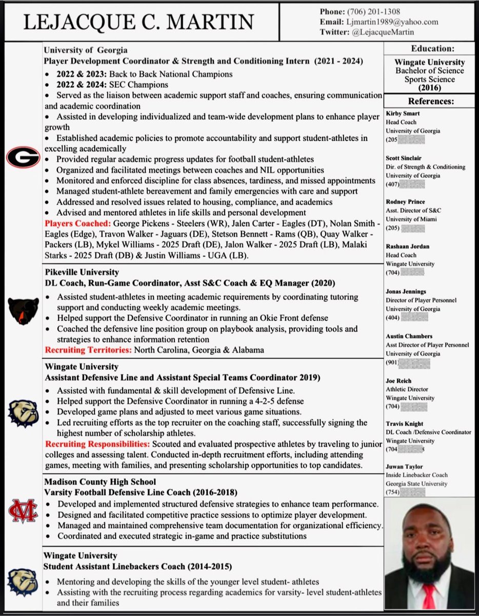 Experienced Defensive Line Coach with a proven track record in player development at the University of Georgia. Ready to bring energy, discipline, and results to your program. Committed to recruiting top talent and enhancing player retention.  #DLCoach #PlayerDevelopment