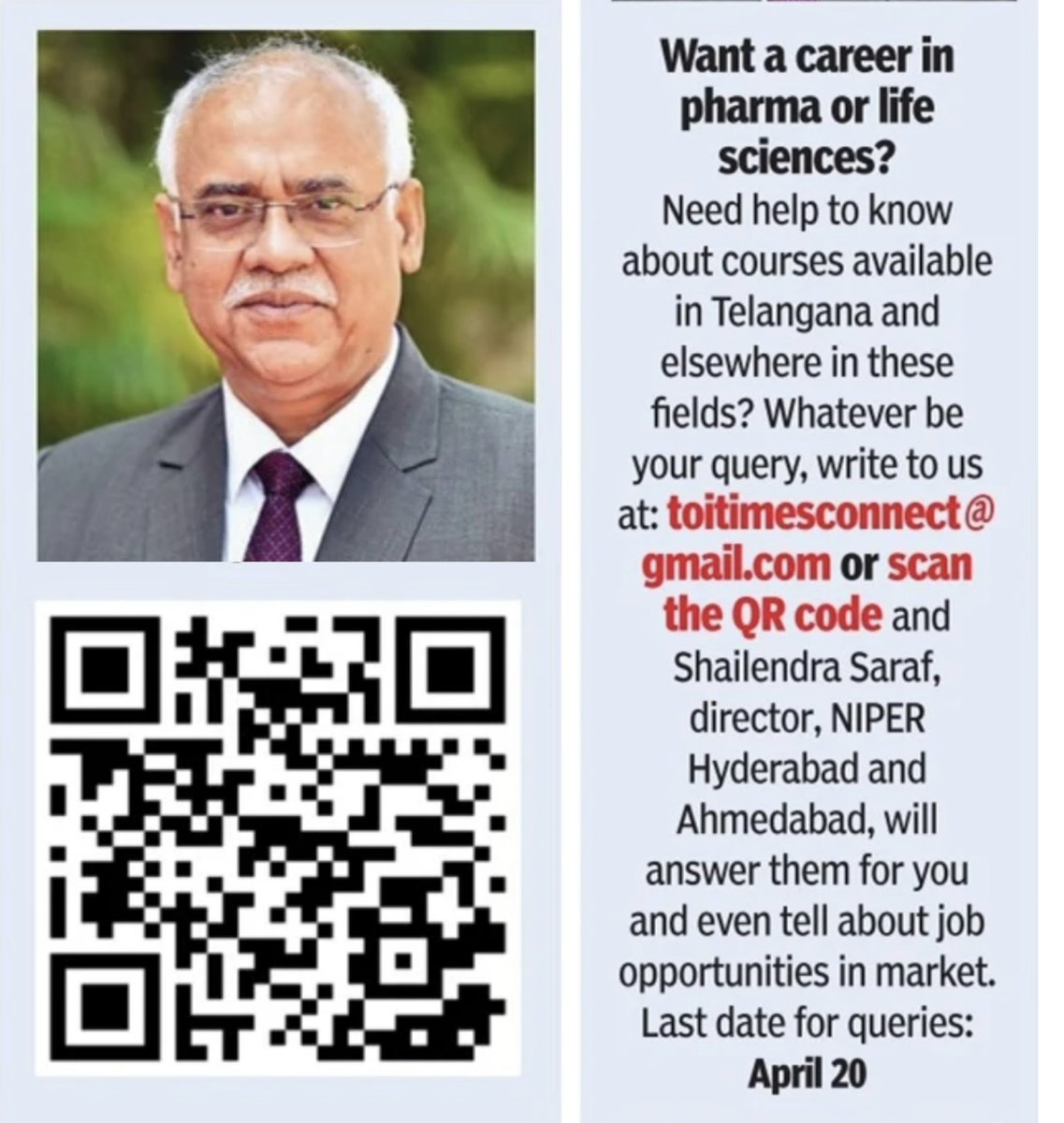 TOI Hyderabad (@toihyderabad) on Twitter photo #MissionAdmission
Want a career in #pharma or #lifesciences? Need help to know about courses available in #Telangana and elsewhere in these fields? Whatever be your query, write to us at: toitimesconnect@gmail.com and Shailendra Saraf, director, #NIPER Hyderabad and Ahmedabad, #MissionAdmission
Want a career in #pharma or #lifesciences? Need help to know about courses available in #Telangana and elsewhere in these fields? Whatever be your query, write to us at: toitimesconnect@gmail.com and Shailendra Saraf, director, #NIPER Hyderabad and Ahmedabad,