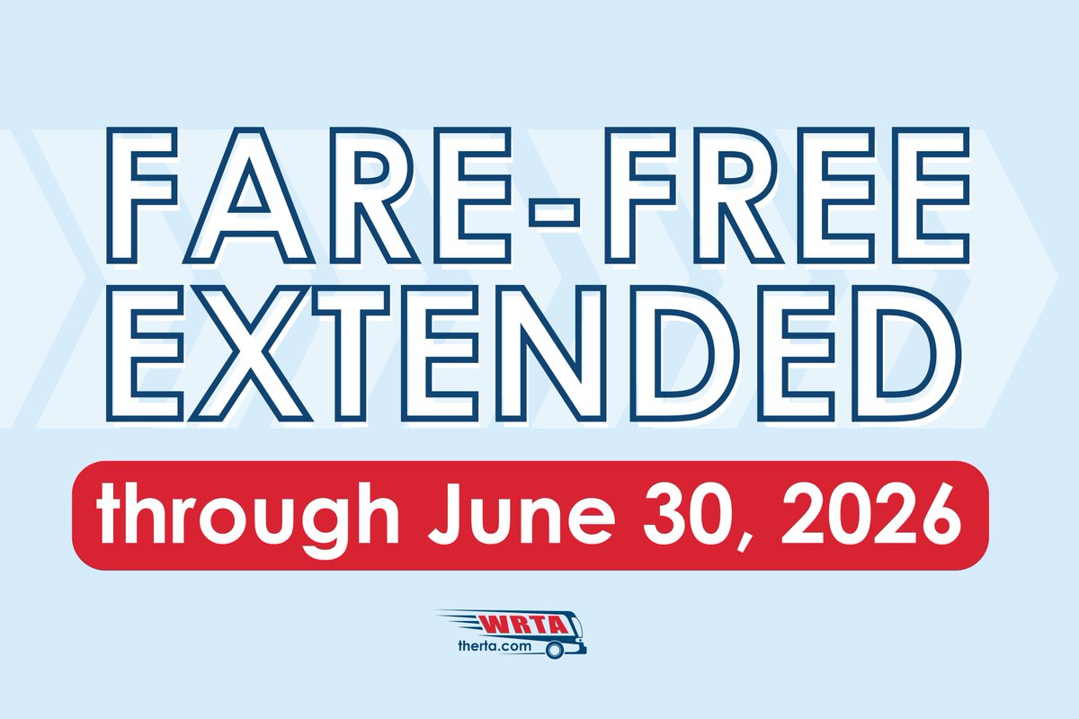 📢Did you hear?
The WRTA Advisory Board voted to keep buses FARE-FREE for another year! 

✅ Hop on, ride anywhere in the system, and leave your wallet at home — no fare needed through June 30, 2026.

🚌Thanks for riding with WRTA. Let’s keep moving forward together!
