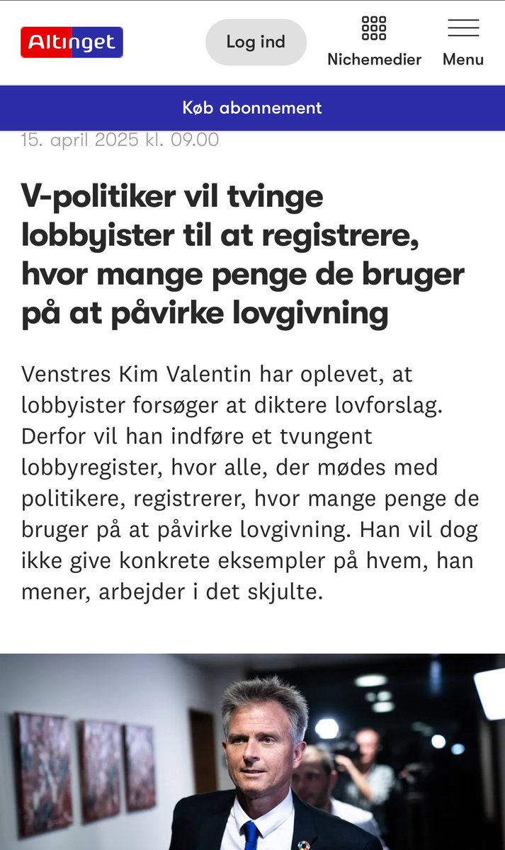 Ja tak til åbenhed 👍

Det vil især være sundt med åbenhed om  penge, der bruges på lobbyisme. 

Mon ikke interesserne for alkohol/tobak, konventionelt landbrug og private “velfærdskoncerner” har flere ressourcer end lønmodtagere, forbrugere og naturfolk?
altinget.dk/artikel/v-poli…