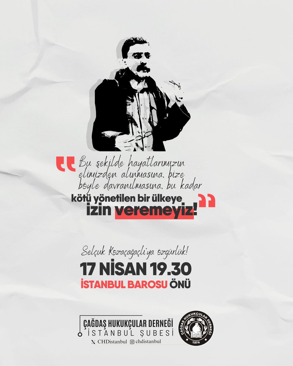 "Bize böyle davranılmasına izin veremeyiz." Selçuk Kozağaçlı onurumuzdur. Faşizme karşı omuz omuz 19.30'da İstanbul Barosu önündeyiz!