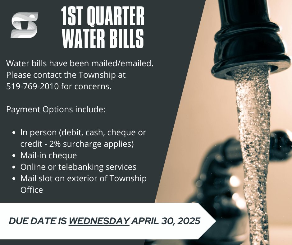 The 1st Quarter Water Bills are due TODAY, Wednesday April 30th, 2025.