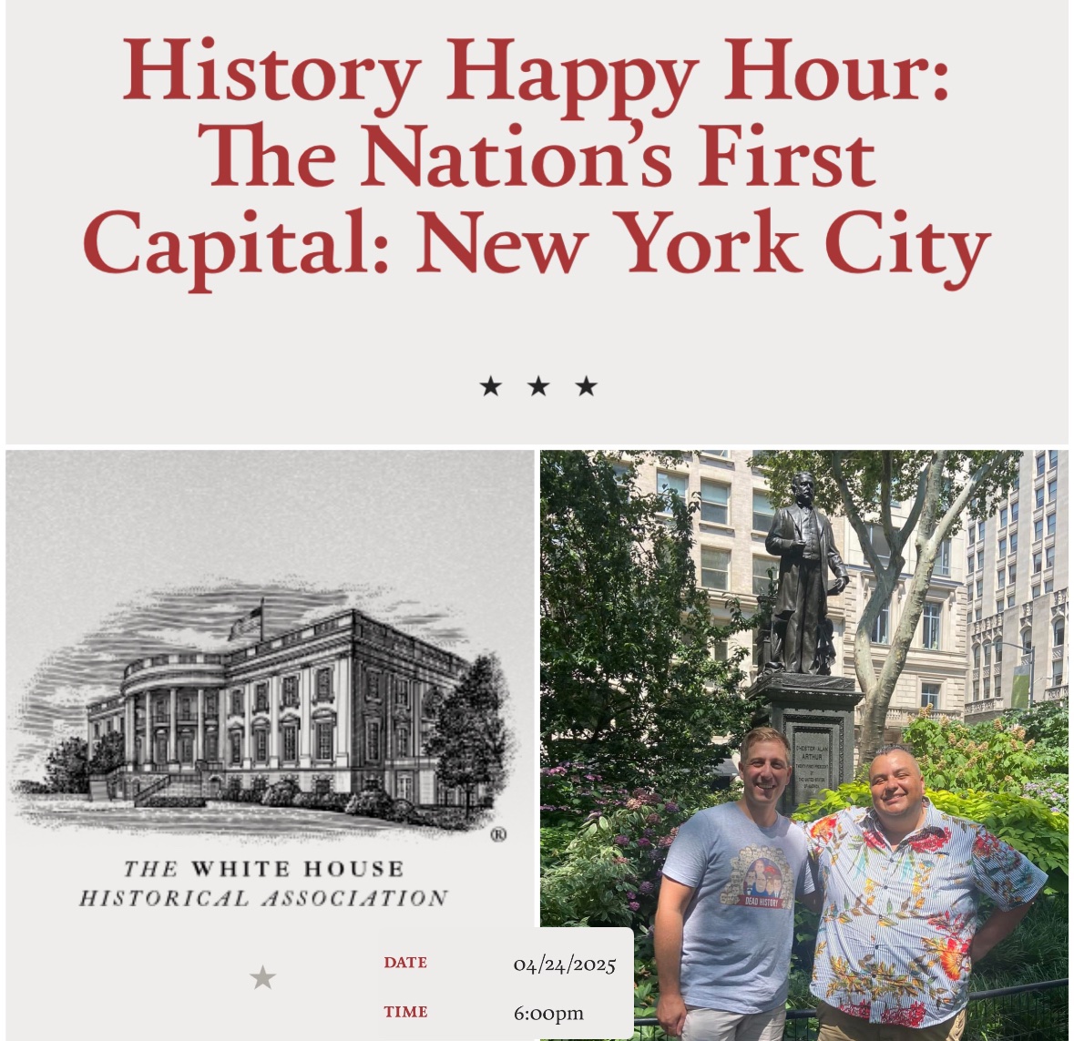 Excited to share that I will be moderator for “History Happy Hour” from the White House Historical Association next Thursday, April 24, (6 pm Eastern/3 pm AZ) for “The Nation’s First Capital: New York City”! 🌆 🇺🇸🏛️

You must RSVP through the link! 

whitehousehistory.org/events/hhh-the…