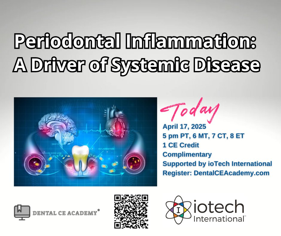 Join us today for a free dental ce webinar "Periodontal Inflammation: A Driver of Systemic Disease" 
1 CE Credit - Complimentary
Register: dentalceacademy.com/periodontal-di…
Powered by <a href="/DentalCEAcademy/">Dental CE Academy®</a> 
Supported by @iotechinternational 
<a href="/DentalCEAcademy/">Dental CE Academy®</a> was founded in 2006 by a group of