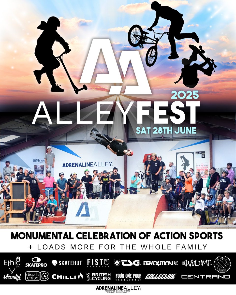 ALLEYFEST 2025 IS COMING!

Get ready for an action-packed day with competitions, jams, games &amp; giveaways for all riders &amp; skaters. 

Plus! A HUGE prize purse, goodies to giveaway &amp; loads of additional attractions🤩

Hit the link below to book now! ⬇️

adrenalinealley.co.uk/events-promoti…