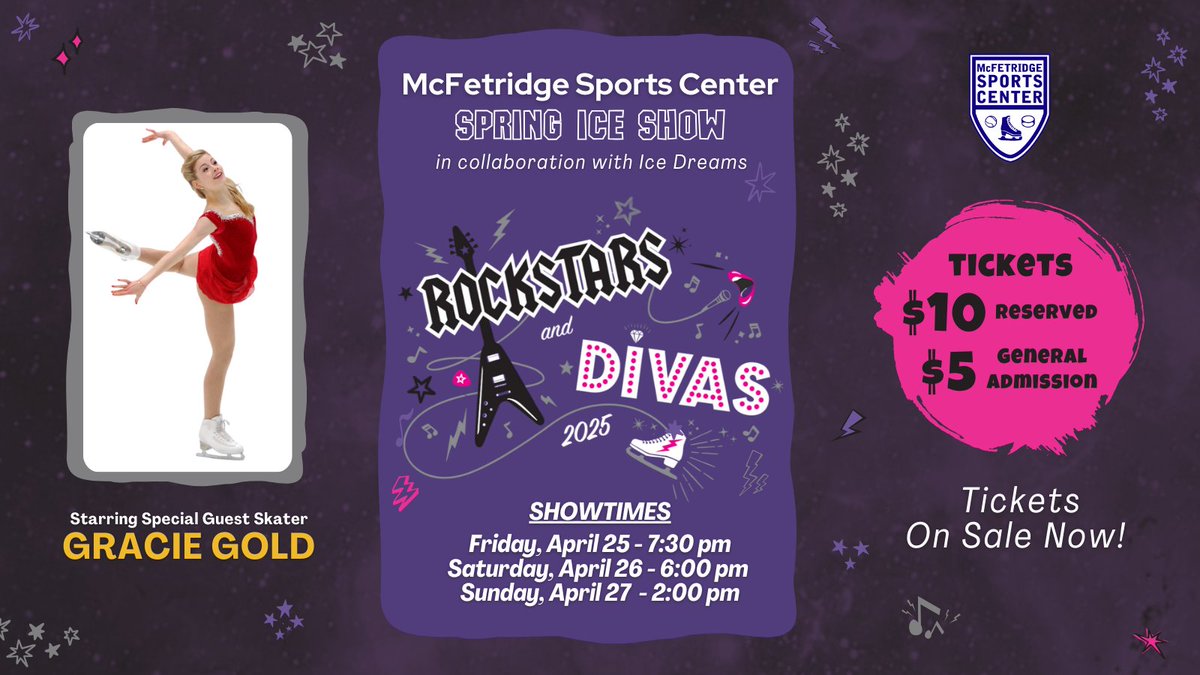 McFetridge Sports Center (@mcfetridgesc) on Twitter photo Tickets are on sale now for our annual Spring Ice Show: Rockstars and Divas! ⛸️
This year, we are very excited to welcome back our Special Guest Skater, Olympic Medalist <a href="/GraceEGold/">Gracie Gold</a>! 🌟
Reserved $10 | General Admission $5
🎟️ Buy Tickets: search.seatyourself.biz/webstore/accou… Tickets are on sale now for our annual Spring Ice Show: Rockstars and Divas! ⛸️
This year, we are very excited to welcome back our Special Guest Skater, Olympic Medalist <a href="/GraceEGold/">Gracie Gold</a>! 🌟
Reserved $10 | General Admission $5
🎟️ Buy Tickets: search.seatyourself.biz/webstore/accou…