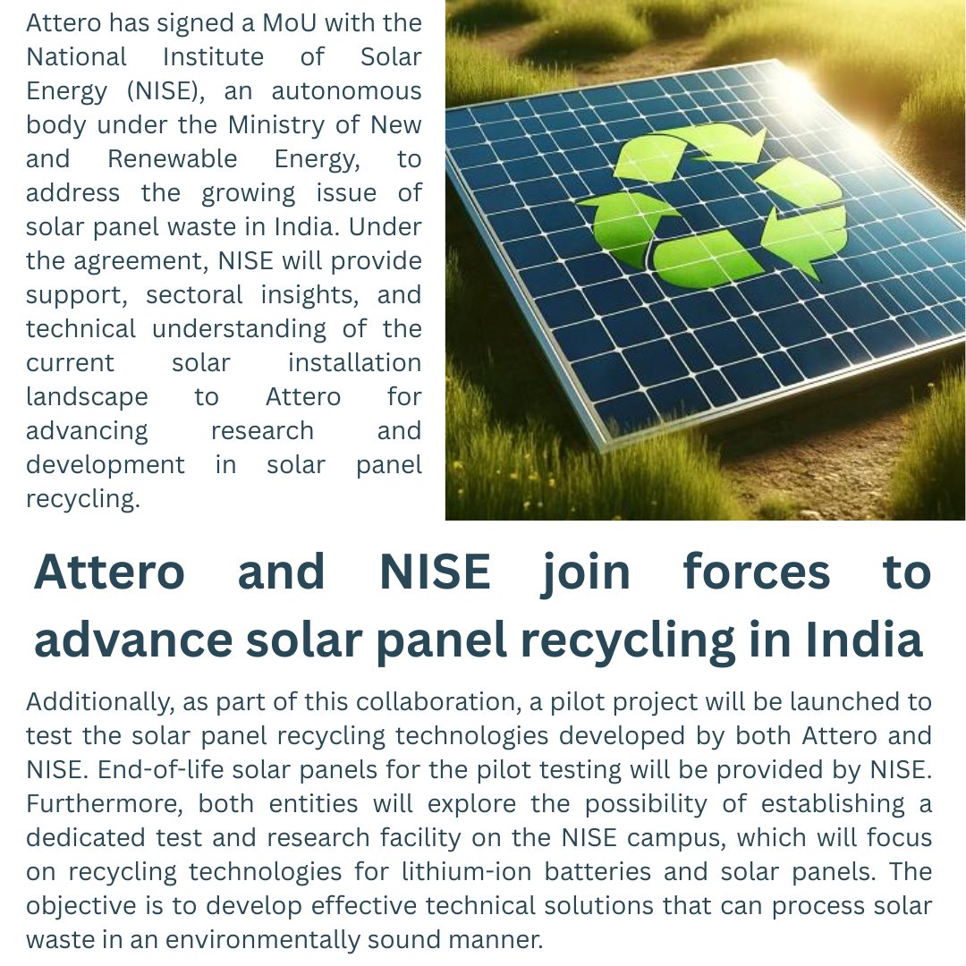 Instautility's tweet photo. Attero and NISE join forces to advance solar panel recycling in India
.
.
.
.
.
.
.
.
#Solar #solarpower #india #solarindia #indiasolar #lithium #solarinstallation #RenewableEnergy #solarpanelrecycling https://t.co/82L2M5bsTV