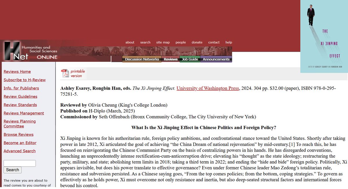 Olivia Cheung (@oliviacheung_oc) on Twitter photo Excited to share my review of The Xi Jinping Effect, edited by <a href="/ashleyesarey/">Ashley Esarey 葉敘理</a> & <a href="/HanRongbin/">Rongbin Han</a>—a timely take on the classic structure vs. agency debate in China's politics, governance and foreign policy. <a href="/kings_eis/">KCL European & International Studies</a> <a href="/UWAPress/">University of Washington Press</a>
🔗h-net.org/reviews/showre… Excited to share my review of The Xi Jinping Effect, edited by <a href="/ashleyesarey/">Ashley Esarey 葉敘理</a> & <a href="/HanRongbin/">Rongbin Han</a>—a timely take on the classic structure vs. agency debate in China's politics, governance and foreign policy. <a href="/kings_eis/">KCL European & International Studies</a> <a href="/UWAPress/">University of Washington Press</a>
🔗h-net.org/reviews/showre…
