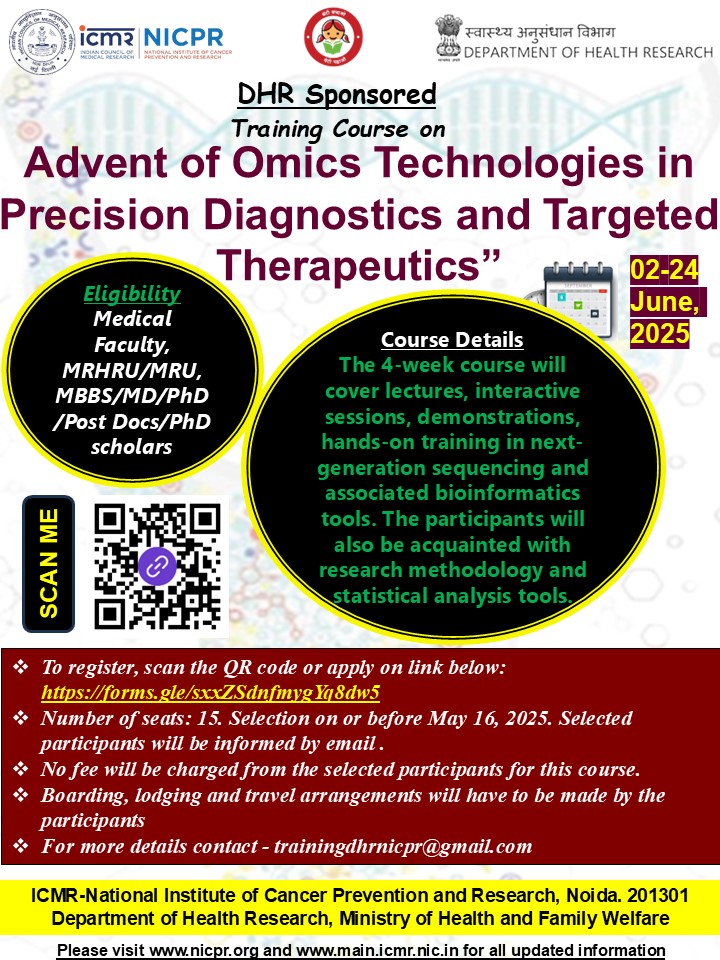 icmr_nicpr's tweet image. 📢 #TrainingProgramme
🧑🏻💻🧑🏻🔬 Register for this DHR Sponsered Trainning Programme on #Precision #Diagnostic & #Targeted #Therapeutics.
❖ Number of seats: 15
📝 For registration, apply using either QR code or link below:
forms.gle/sxxZSdnfmygYq8…