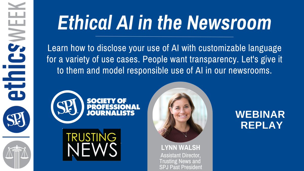 Society of Professional Journalists (@spj_tweets) on Twitter photo ICYMI: Lynn Walsh, <a href="/TrustingNews/">Trusting News</a> assistant director and SPJ past president, discussed how to disclose your use of AI with customizable language for a variety of use cases for #SPJEthicsWeek.
View the full video on our YouTube channel: youtube.com/watch?v=UYIVSQ… ICYMI: Lynn Walsh, <a href="/TrustingNews/">Trusting News</a> assistant director and SPJ past president, discussed how to disclose your use of AI with customizable language for a variety of use cases for #SPJEthicsWeek.
View the full video on our YouTube channel: youtube.com/watch?v=UYIVSQ…