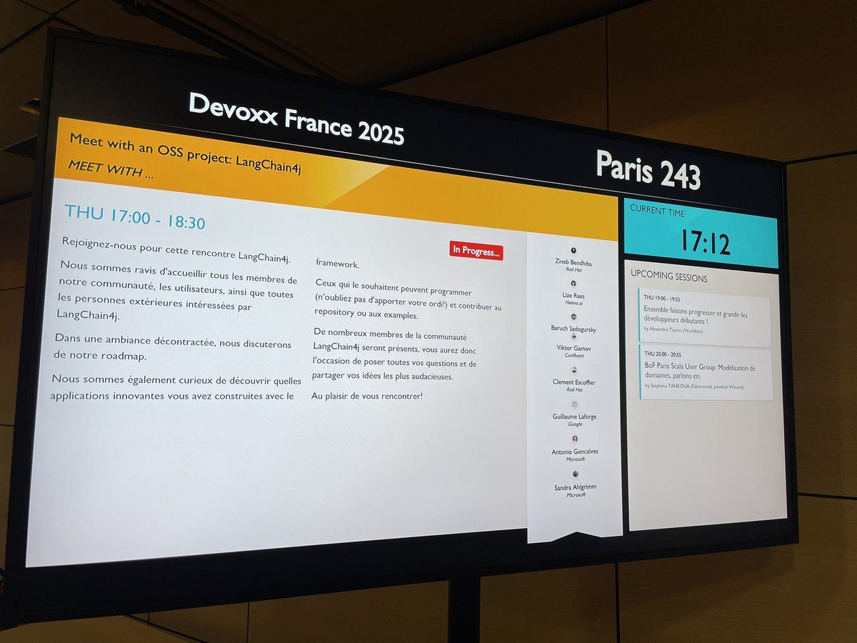 Arnaud Héritier (@aheritier) on Twitter photo I like the meet with sessions at <a href="/DevoxxFR/">DevoxxFR (🦋 devoxxfr.bsky.social)</a>. Example here with <a href="/langchain4j/">LangChain4j</a> and many of its contributors I like the meet with sessions at <a href="/DevoxxFR/">DevoxxFR (🦋 devoxxfr.bsky.social)</a>. Example here with <a href="/langchain4j/">LangChain4j</a> and many of its contributors
