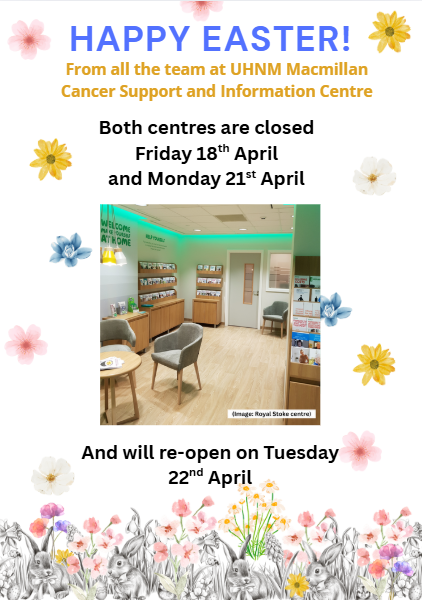 CancerInfoUHNM's tweet image. Our centres are closed during the Bank Holidays and will re-open on Tuesday 22nd April.
Should emotional, financial or practical support be needed, contact the National Macmillan Cancer Support Charity - they're open 8am-8pm every day.