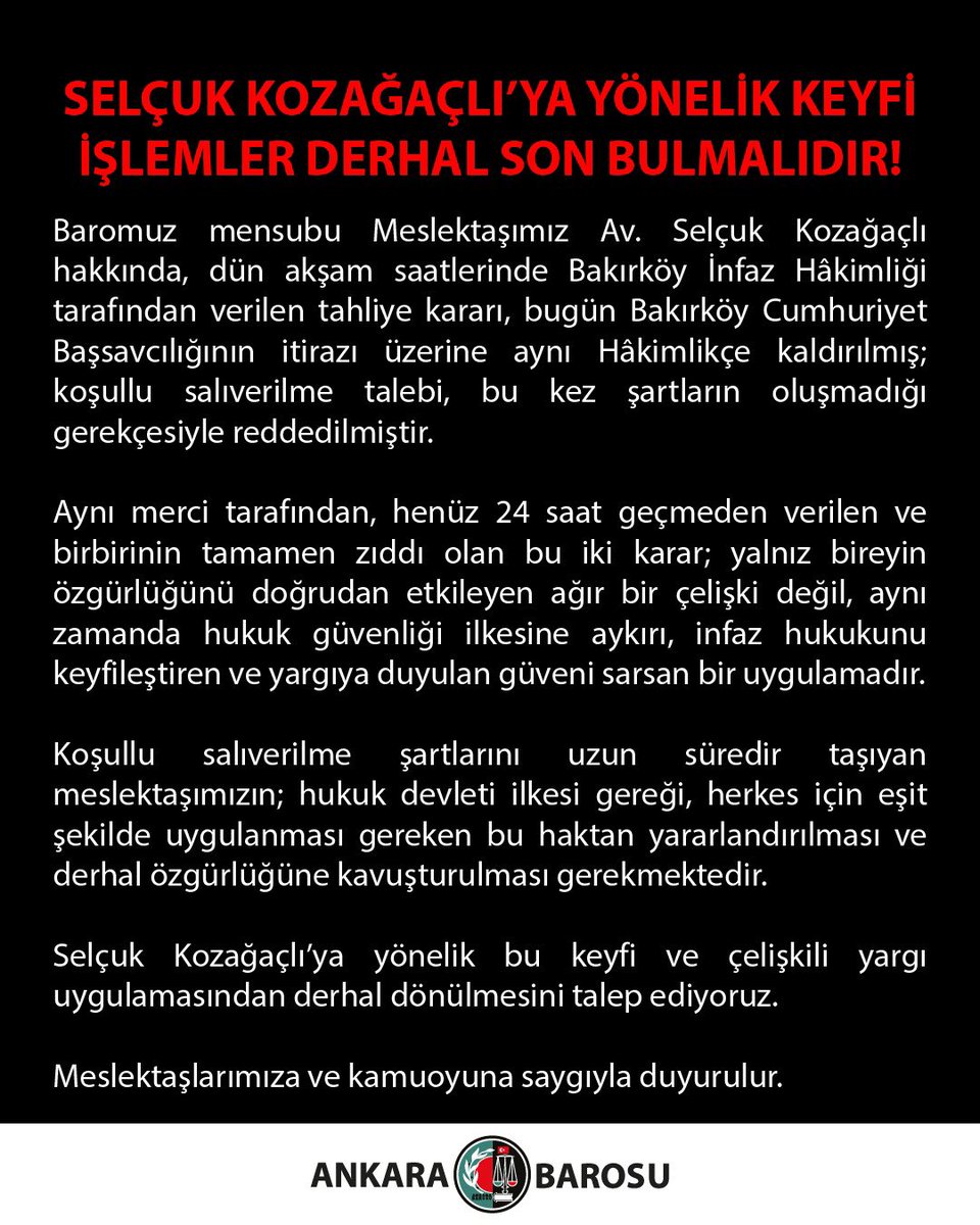 SELÇUK KOZAĞAÇLIYA YÖNELİK KEYFİ İŞLEMLER DERHAL SON BULMALIDIR!

Baromuz mensubu Meslektaşımız Av. Selçuk Kozağaçlı hakkında, dün akşam saatlerinde Bakırköy İnfaz Hâkimliği tarafından verilen tahliye kararı, bugün Bakırköy Cumhuriyet Başsavcılığının itirazı üzerine aynı