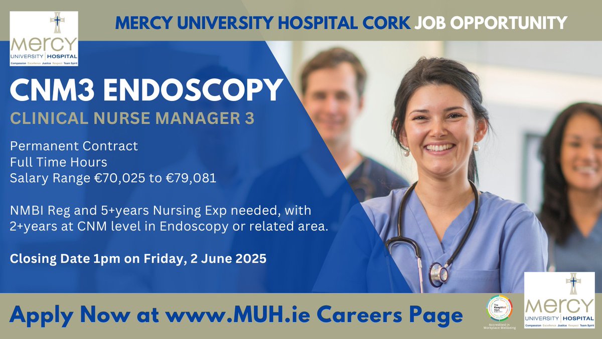 Deirdre O'Riordan (@deeoriordan8) on Twitter photo ๐ ๐๐๐๐๐๐! NOW HIRING: Clinical Nurse Manager 3 (#CNM3)
๐ #Endoscopy Unit, <a href="/Mercycork/">Mercy University Hospital Cork</a>
Permanent Contract, Full-Time Hours.
๐ง Apply before 1pm Fri, 2 June 2025 here: api.occupop.com/shared/job/cliโฆ
#NursingJobs #HealthcareCareers #CorkNurses #HSEjobs ๐ ๐๐๐๐๐๐! NOW HIRING: Clinical Nurse Manager 3 (#CNM3)
๐ #Endoscopy Unit, <a href="/Mercycork/">Mercy University Hospital Cork</a>
Permanent Contract, Full-Time Hours.
๐ง Apply before 1pm Fri, 2 June 2025 here: api.occupop.com/shared/job/cliโฆ
#NursingJobs #HealthcareCareers #CorkNurses #HSEjobs
