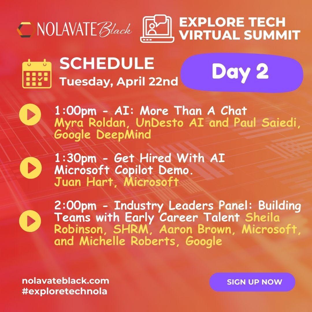 nolavateblack's tweet photo. 👏🏾Let's get into this schedule!👏🏾 IJS This line us is 🔥 #virtual #free #event 🗓️Monday April 21 and Tuesday April 22. Register at https://t.co/IkCjB2Be8M! #linkinbio #tech #careers #blacktech #jobs #AI #exploretech https://t.co/eirzUskcAs
