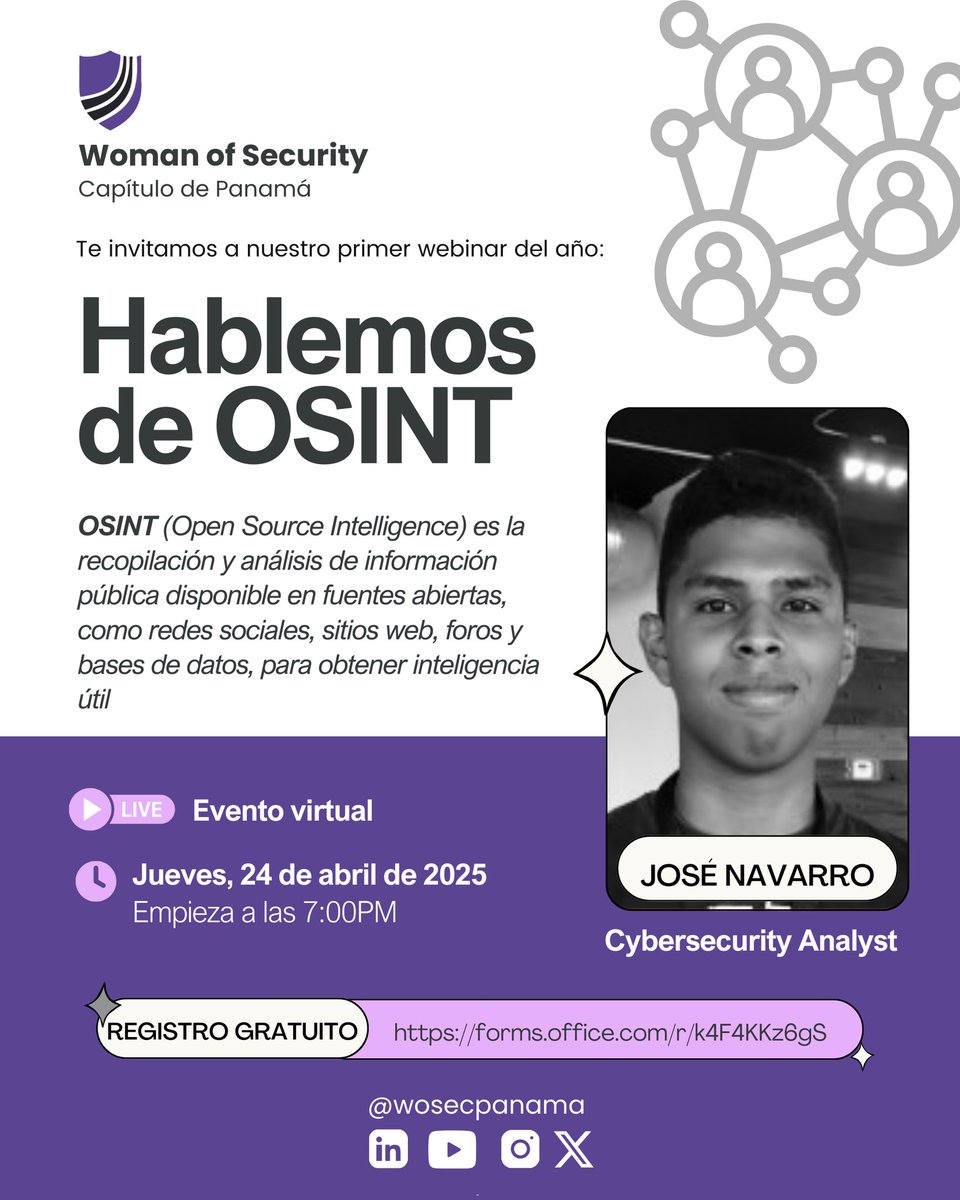 Aprende cómo aprovechar la inteligencia de fuentes abiertas en el mundo de la ciberseguridad y fortalece tus habilidades. 

¡Regístrate es gratuito!

🔗 Link de registro: lnkd.in/e7nmu6nJ