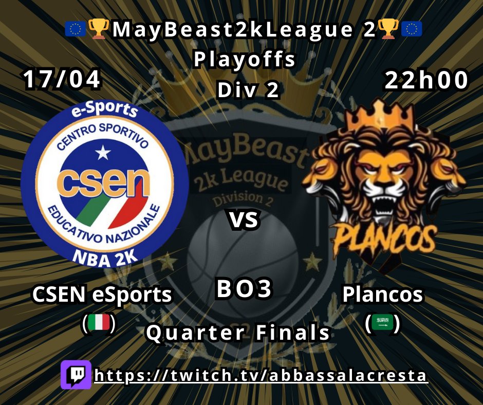 MayBeast2k (@maybeast2k) on Twitter photo Tonight, the second quarter-final at 10:00 PM.
A great matchup between <a href="/plancos2k/">Plancos 2K</a> and <a href="/csen_esports/">CSEN e-Sports NBA2K</a>. It promises to be a fantastic game of basketball not to be missed.
May the best team win!
๐ฅtwitch.tv/abbassalacresta Tonight, the second quarter-final at 10:00 PM.
A great matchup between <a href="/plancos2k/">Plancos 2K</a> and <a href="/csen_esports/">CSEN e-Sports NBA2K</a>. It promises to be a fantastic game of basketball not to be missed.
May the best team win!
๐ฅtwitch.tv/abbassalacresta