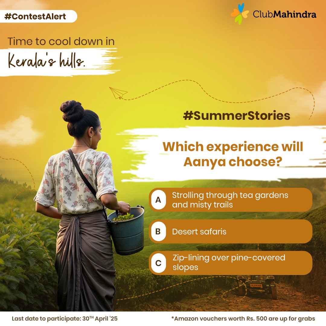 Club Mahindra (@clubmahindra) on Twitter photo #ContestAlert 3 of 15
Participate in all #SummerStories
STEPS
1) Comment below with your answer using #SummerStories and #ClubMahindra.
Donât forget to tag <a href="/clubmahindra/">Club Mahindra</a> and four of your friends â itâs mandatory!
2) Participate in all 15 contest posts. Winners get Amazon #ContestAlert 3 of 15
Participate in all #SummerStories
STEPS
1) Comment below with your answer using #SummerStories and #ClubMahindra.
Donât forget to tag <a href="/clubmahindra/">Club Mahindra</a> and four of your friends â itâs mandatory!
2) Participate in all 15 contest posts. Winners get Amazon