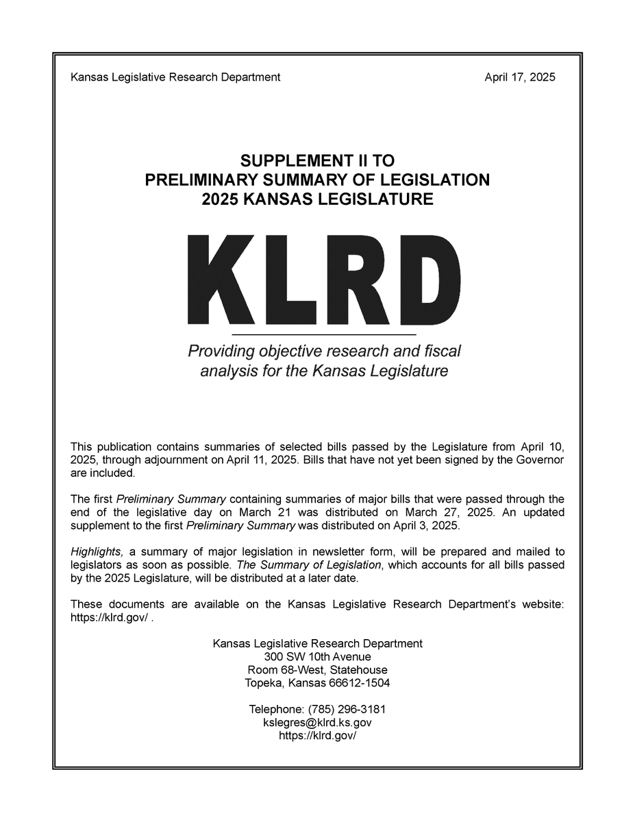 Just published: Second Supplement to Preliminary Summary of Legislation 2025. klrd.gov/2025/04/17/sec… #ksleg