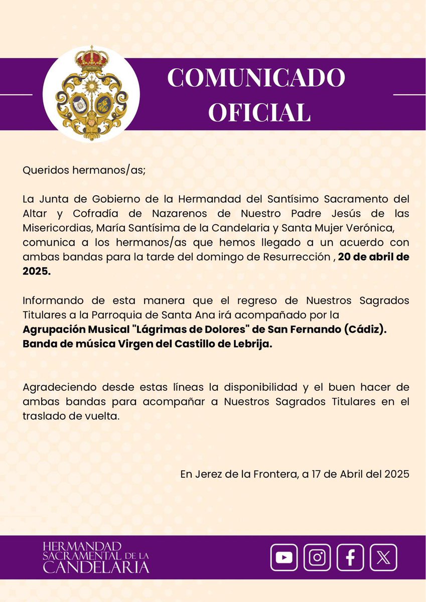 COMUNICADO OFICIAL 
Acompañamiento musical para el traslado de vuelta a la Parroquia de Santa Ana.