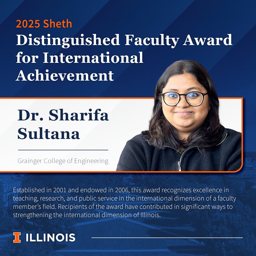 Illinois International (@illinois_intl) on Twitter photo Congratulations to Dr. Sharifa Sultana, an assistant professor @IllinoisCDS <a href="/uofigrainger/">The Grainger College of Engineering</a>, for receiving the 2025 Sheth Distinguished Faculty Award for International Achievement! To learn more about Dr. Sultana and her achievements please visit blogs.illinois.edu/view/6758/6276โฆ Congratulations to Dr. Sharifa Sultana, an assistant professor @IllinoisCDS <a href="/uofigrainger/">The Grainger College of Engineering</a>, for receiving the 2025 Sheth Distinguished Faculty Award for International Achievement! To learn more about Dr. Sultana and her achievements please visit blogs.illinois.edu/view/6758/6276โฆ