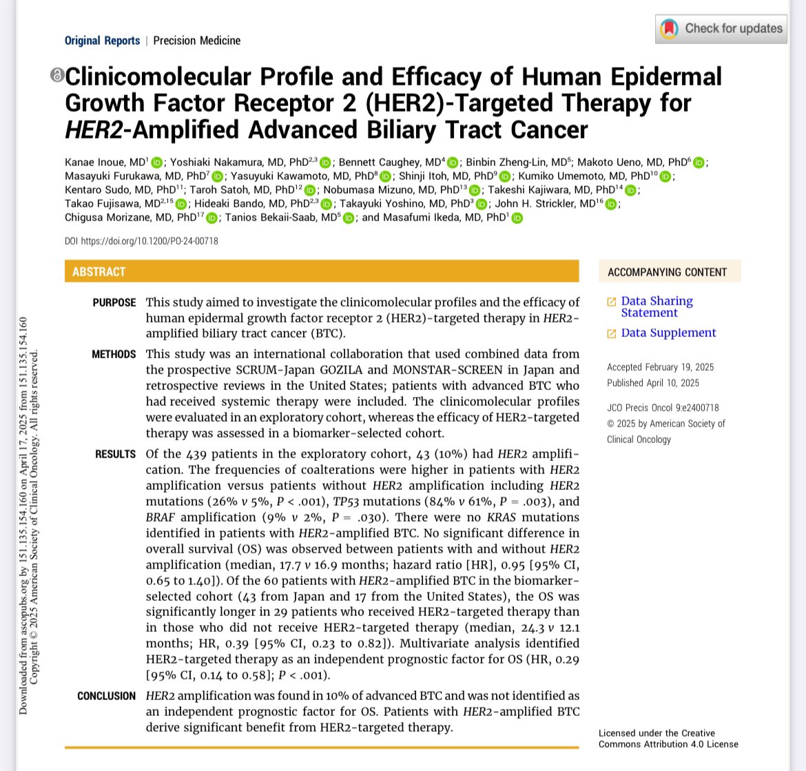 🧬Is HER2 amplification prognostic for OS in advanced biliary tract cancer❓
<a href="/JCOPO_ASCO/">JCO Precision Oncology</a> 

❌No
mOS: 17.7 v 16.9 mo
HR: 0.95 (0.65-1.40)

✅But Yes if HER2 targeted therapy
mOS: 24.3 v 12.1 mo
HR:0.39 (0.23-0.82)

👉doi.org/10.1200/PO-24-…

<a href="/ASCO/">ASCO</a> <a href="/OncoAlert/">OncoAlert</a> #cancer #oncology