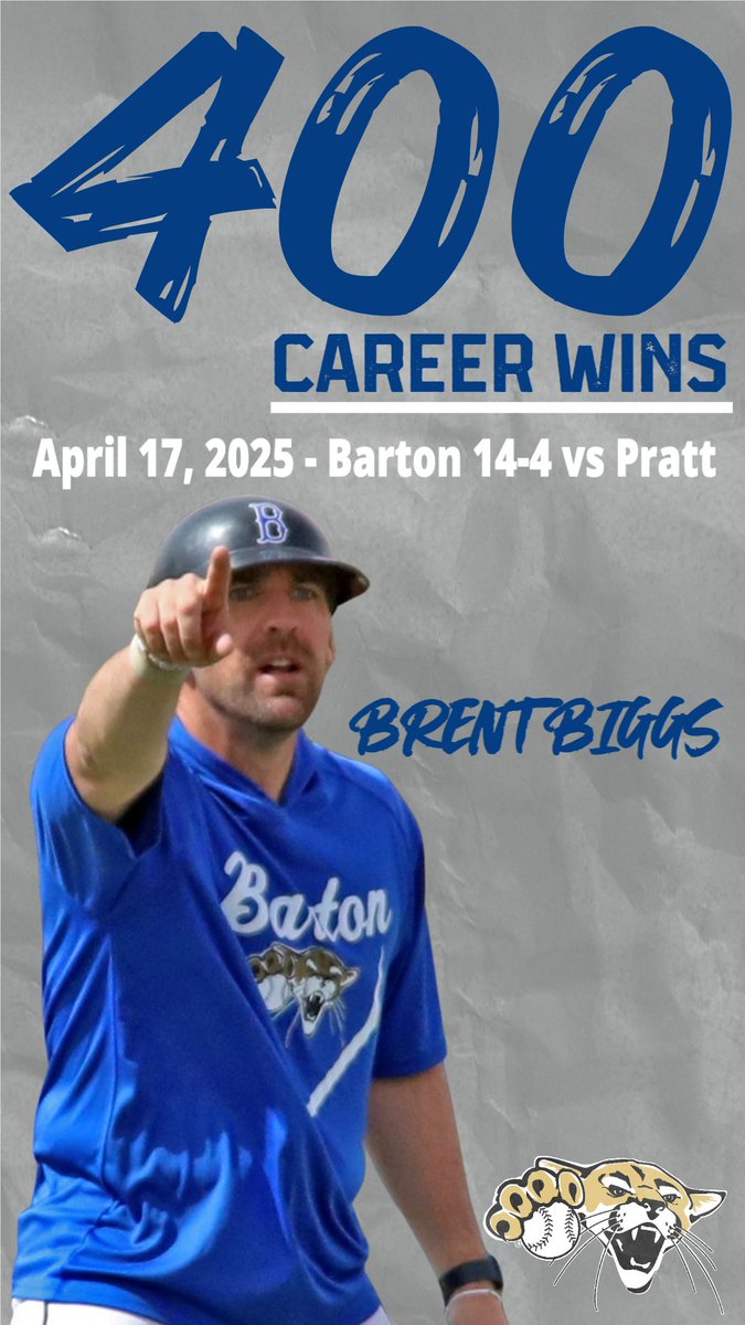 Congrats to Barton Community College Baseball Head Coach, Brent Biggs securing his 400th career Cougar win in Game 1 today w/ a 14-4 six inning run rule victory over Pratt 
#GoBarton #GoCougs #KJCCC