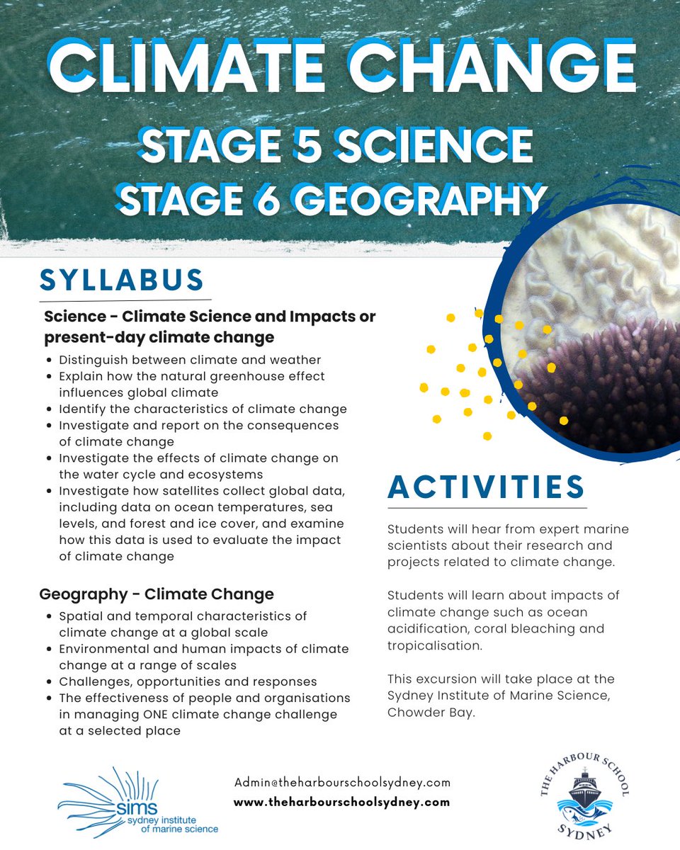 The Harbour School Sydney (@harbour_sch_syd) on Twitter photo New Climate Change excursion - Explore the impacts of climate change on marine environments - ocean acidification, tropicalisation, rising sea levels, coral bleaching.
<a href="/SIMS_Australia/">Sydney Institute of Marine Science</a>
#marinescience #marinestudies #science #geography #climatechange #Excursions New Climate Change excursion - Explore the impacts of climate change on marine environments - ocean acidification, tropicalisation, rising sea levels, coral bleaching.
<a href="/SIMS_Australia/">Sydney Institute of Marine Science</a>
#marinescience #marinestudies #science #geography #climatechange #Excursions