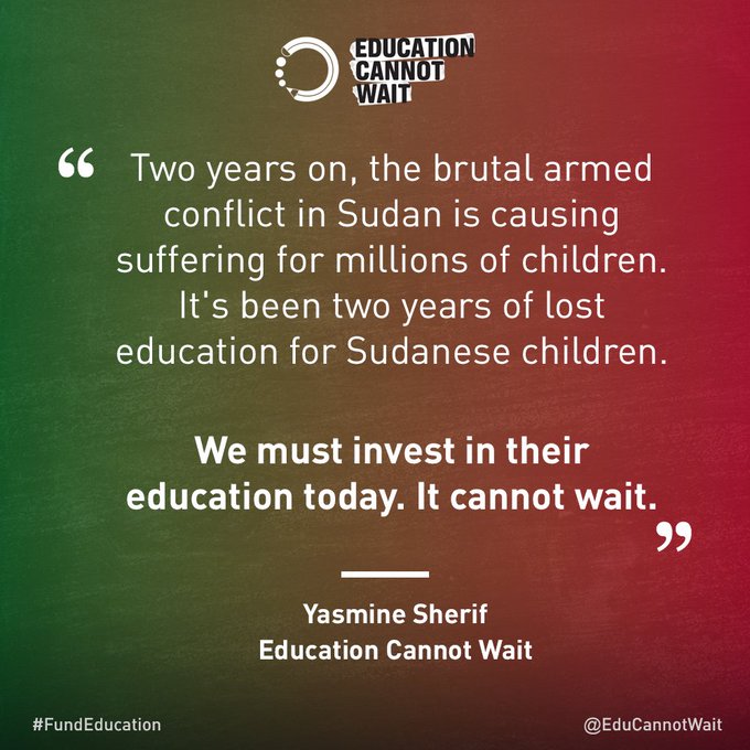 KentPage's tweet photo. "Two years on, the brutal armed conflict in #Sudan is causing suffering for millions of children.
It’s been 2 years of lost #education for Sudanese children.
We must invest in their education today. #SudanCannotWait." ~@YasmineSherif1
➡️https://t.co/QANAs8PXBk…
#UN @fcdoeducation @canadadev @afd_en @mfa_lu @ksrelief_en @qatar_fund #222MillionDreams✨📚