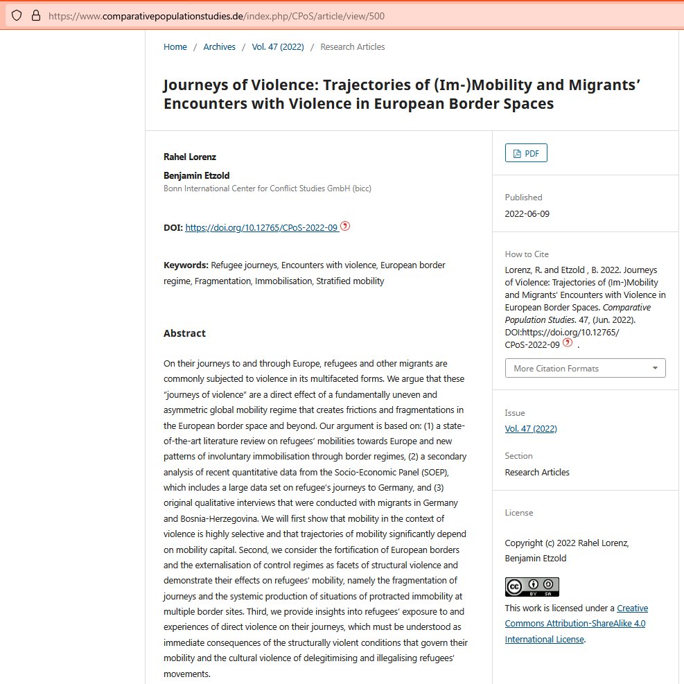 good to know that R.Lorenz &amp; my article on #refugees' journeys of #violence is among the most downloaded articles of <a href="/cpos_journal/">Comparative Population Studies</a> in past years. Hope people also read it😅. but no joking, topic is too serious. #borderviolence must end. Scholarship must contribute to this goal.👇