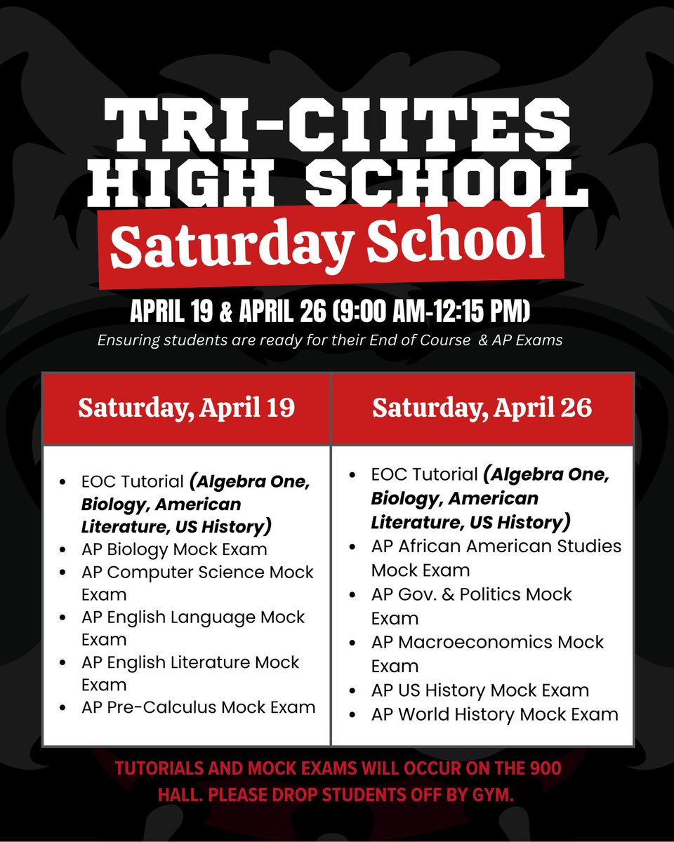 Calling all Bulldogs! 🐾 Join us for Saturday School at Tri-Cities High on April 19 &amp; 26 (9AM–12:15PM) to get ready for your EOC &amp; AP Exams! ✍️📚
Tutorials + Mock Exams = Success!
Location: 900 Hall (Drop off by the gym) 🏫
#BulldogPride #APReady #EOCSuccess