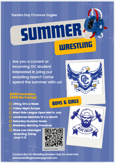 🔥 OC Summer Wrestling is ON! 🦅
💪 Lifting, matches, duels &amp; a camp in Show Low (June 7–11)
💲 $250 ($50 off if no camp)
🏋️‍♂️ Boys &amp; girls welcome!
📩 Contact: sdohswrestlingbooster@gmail.com
📸 Scan the QR code on the flyer for more info!
#WeAreOC #ParaBellum #BlueCollarBuilt