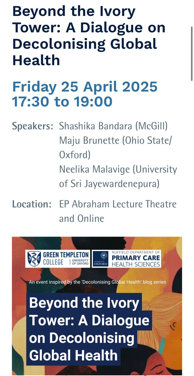 Shashika Bandara (@shashikalb) on Twitter photo Next Friday (25) at 12.30 PM ET/5.30 PM BST!
Join our discussion <a href="/UniofOxford/">University of Oxford</a> (online or in-person) on navigating decolonizing #globalhealth in diverse settings.
Excited to join leading scholar- practitioners <a href="/CBPR2030/">Maju Brunette, Ph.D.</a> & <a href="/GMalavige/">Neelika Malavige</a> for this!
Register: forms.office.com/pages/response… Next Friday (25) at 12.30 PM ET/5.30 PM BST!
Join our discussion <a href="/UniofOxford/">University of Oxford</a> (online or in-person) on navigating decolonizing #globalhealth in diverse settings.
Excited to join leading scholar- practitioners <a href="/CBPR2030/">Maju Brunette, Ph.D.</a> & <a href="/GMalavige/">Neelika Malavige</a> for this!
Register: forms.office.com/pages/response…