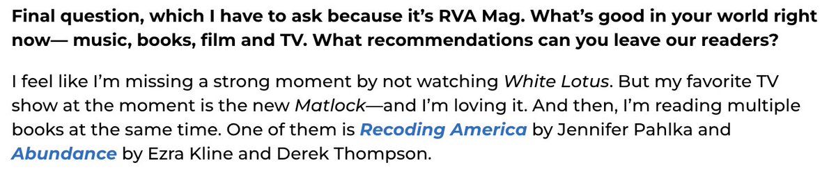 On brand of Spanberger to want to showcase her reading of Abundance, the book du jour for moderate Dems atm. 

What would an "abundance" agenda look like in Va? Which is to say how would Spanberger create more housing supply and green our economy in the near term?